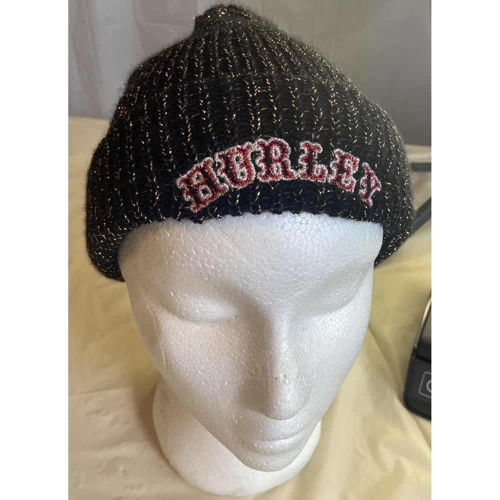 Hurley‎ Black Gold Metallic Knit Beanie Hat Red Embroidered Logo NWT